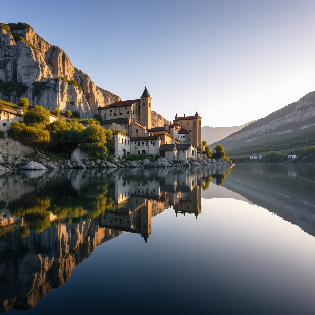 Blagaj Monastery illuminated at sunset with digital augmented reality highlights