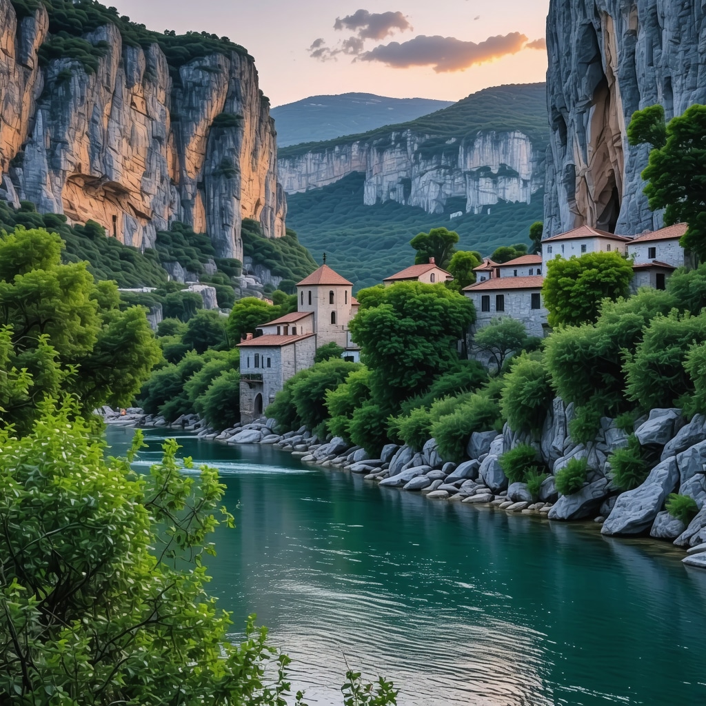 View of Blagaj monastery between cliffs and river Buna during sunset