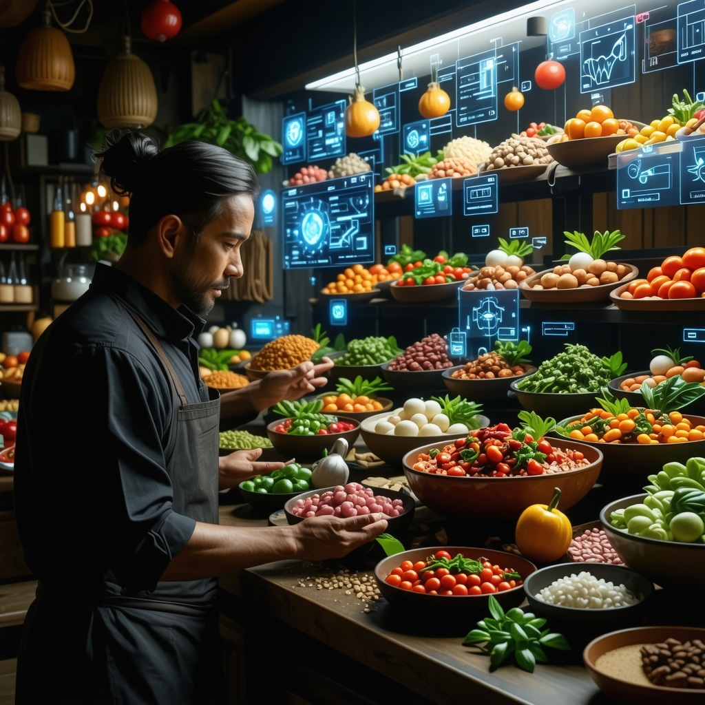 Digital interface with blockchain and augmented reality highlighting traditional Aradean culinary dishes in a market