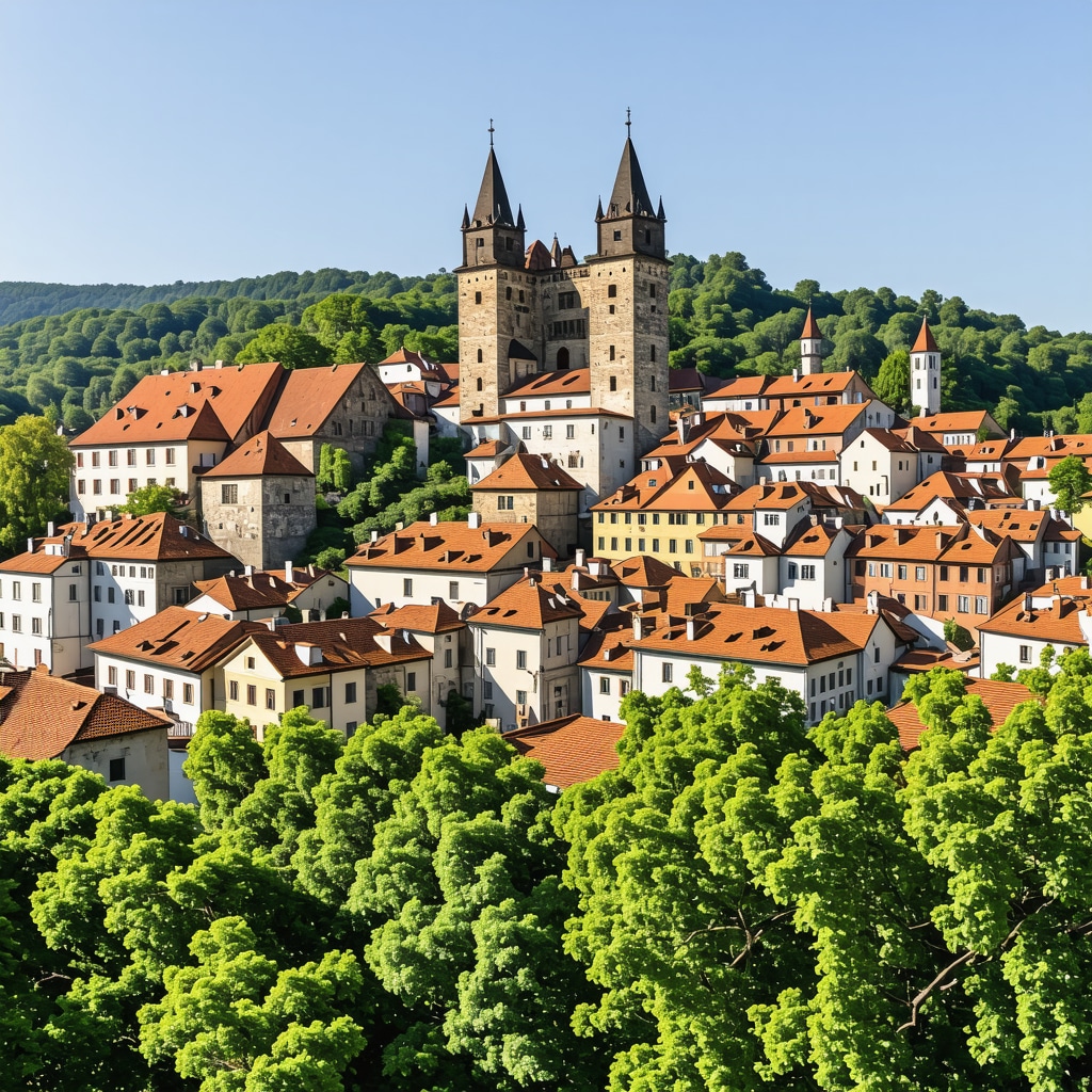 Panoramic view of Brașov's medieval old town featuring historic buildings and modern art installations