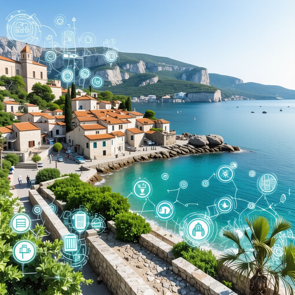 Panoramic view of Budva old town with augmented reality and sustainability icons