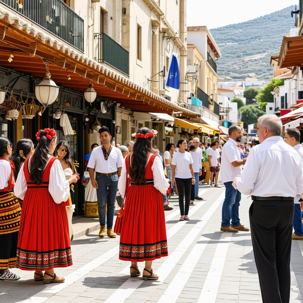 Visitors enjoying a cultural festival in Nafplio featuring traditional costumes and digital interactive heritage displays
