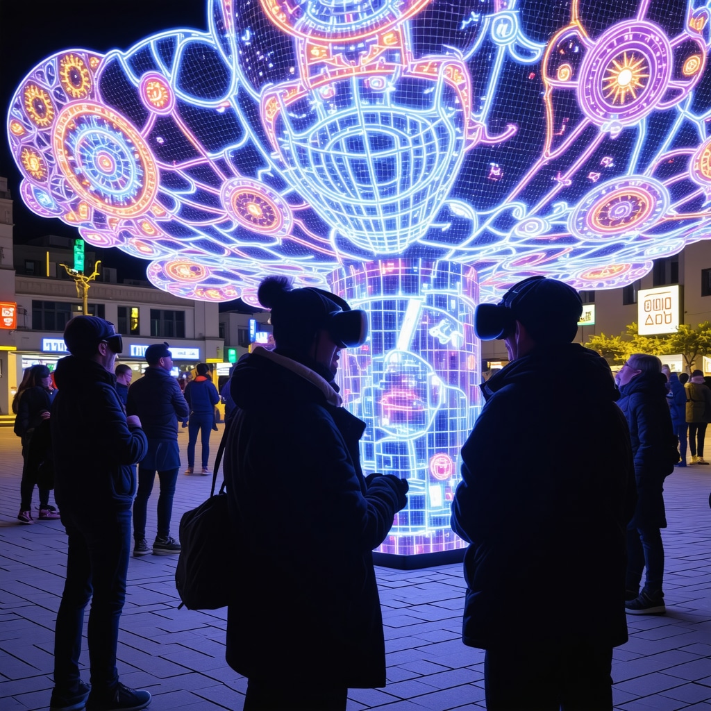 Digital art installation in Pristina blending Balkan traditional motifs with futuristic VR elements at night