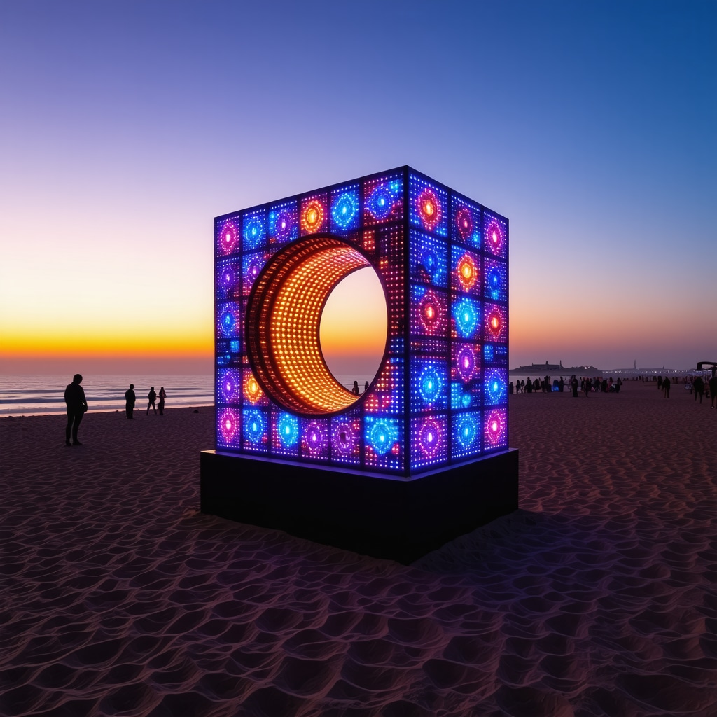Augmented reality and digital art installation blending Romanian tradition and modern technology on Mamaia beach at sunset