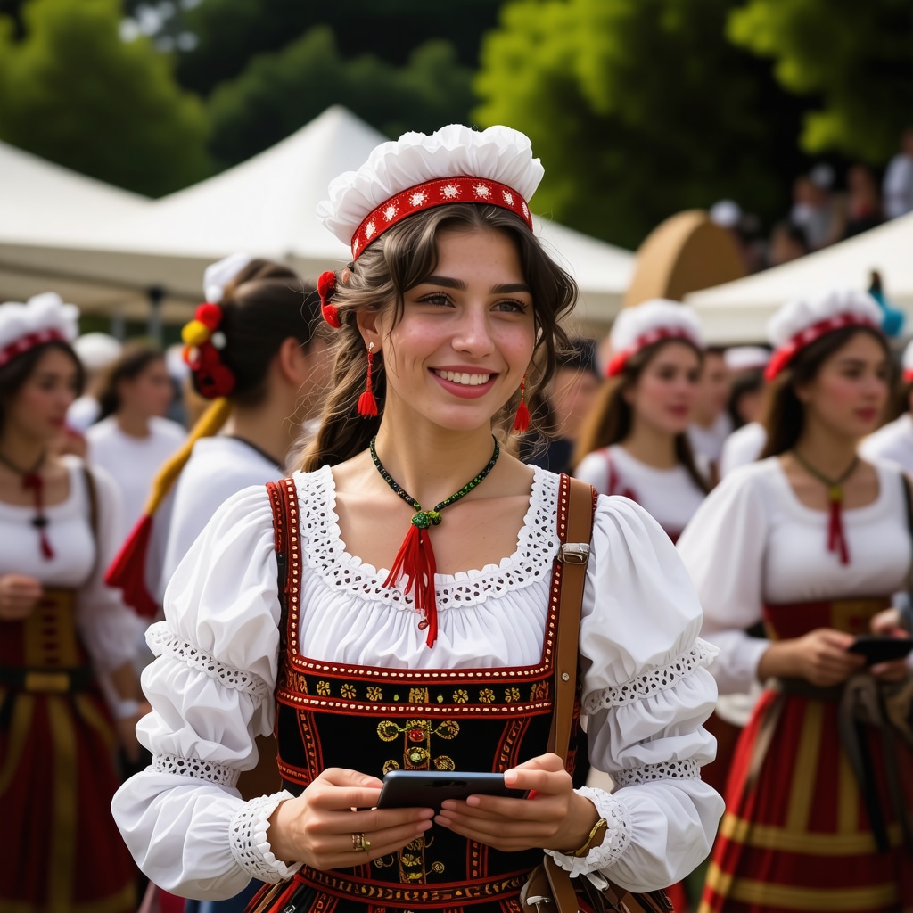 A scene of a Balkan festival with people in traditional costumes using smartphones and tablets, vibrant decorations, and lively dance.