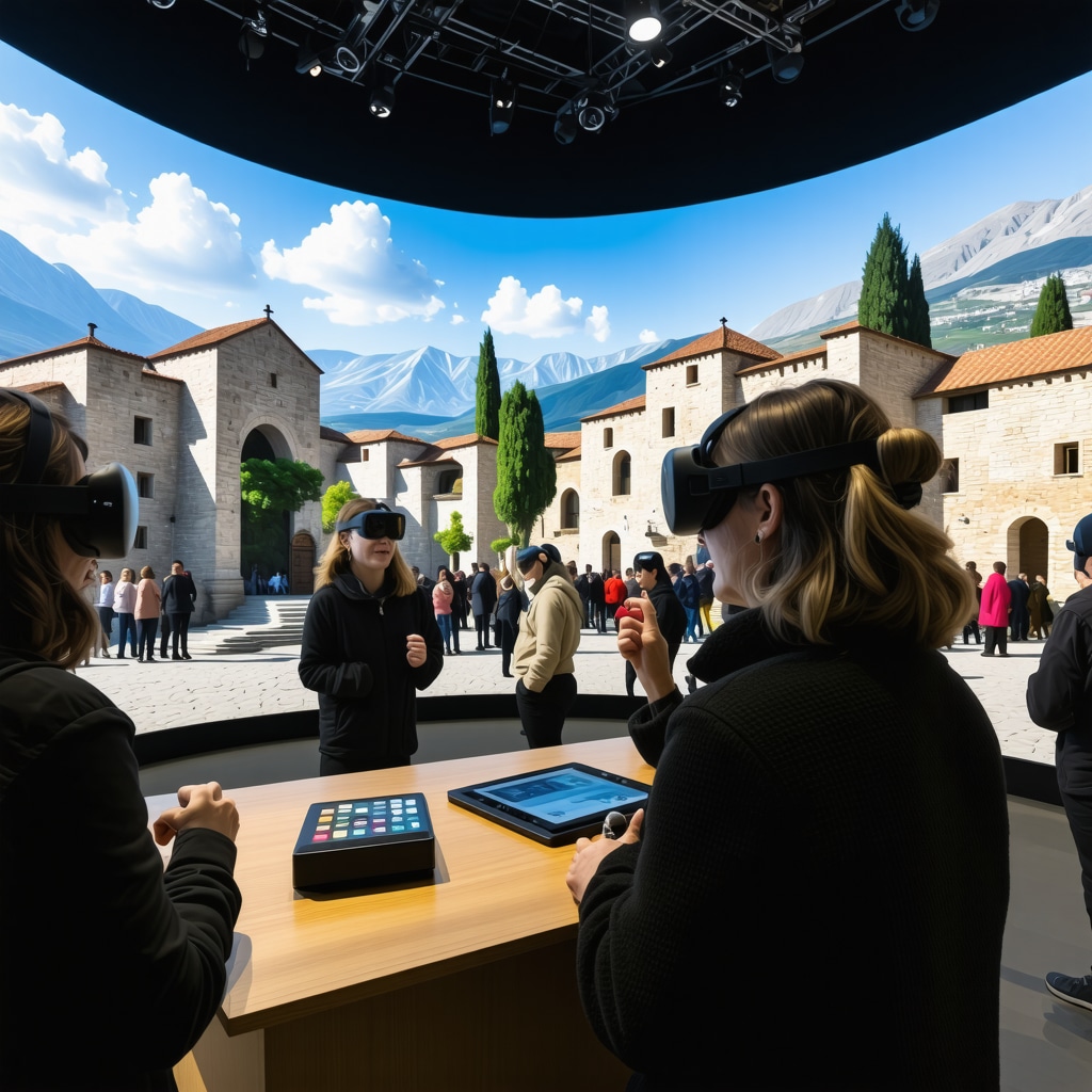 Visitors experiencing augmented reality exhibits of Ottoman architecture and traditional crafts in Gjakova during a cultural festival
