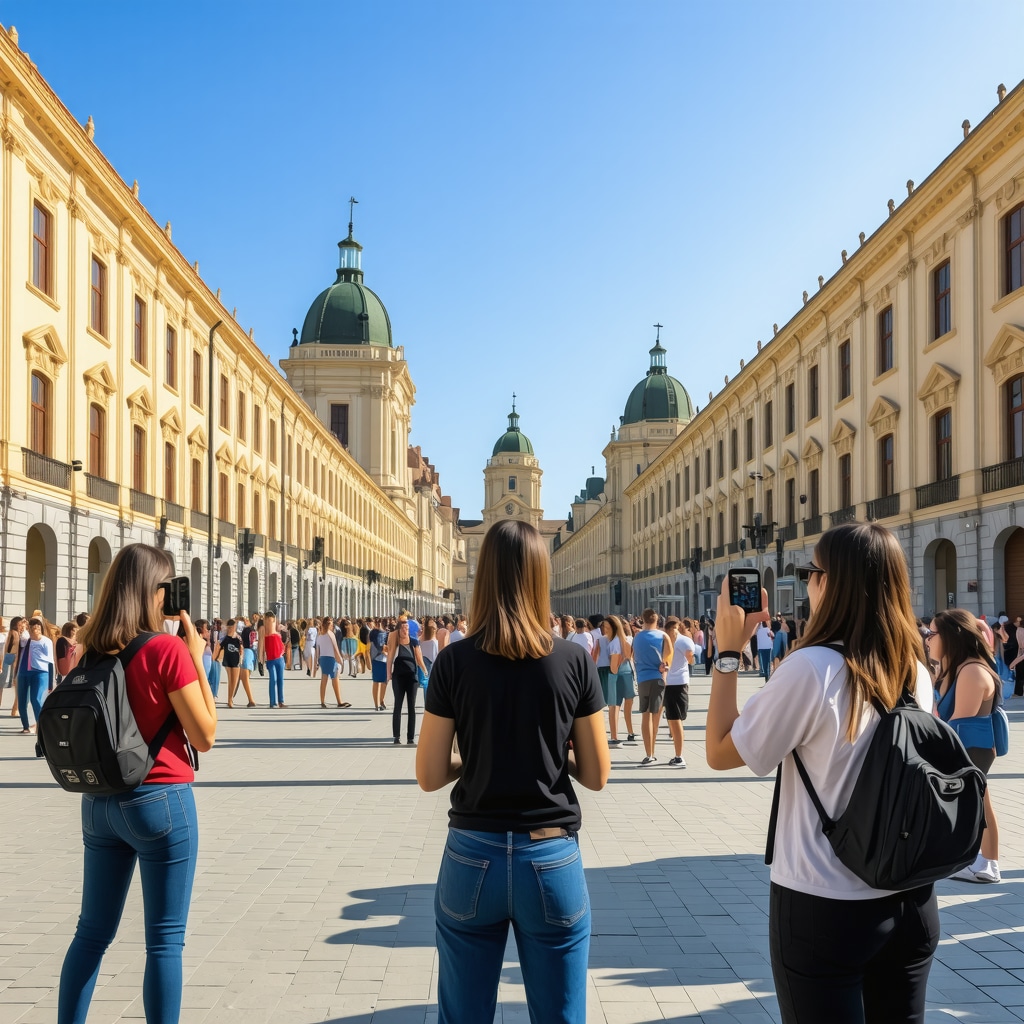 Tourists using augmented reality devices to explore Arad's historic architecture