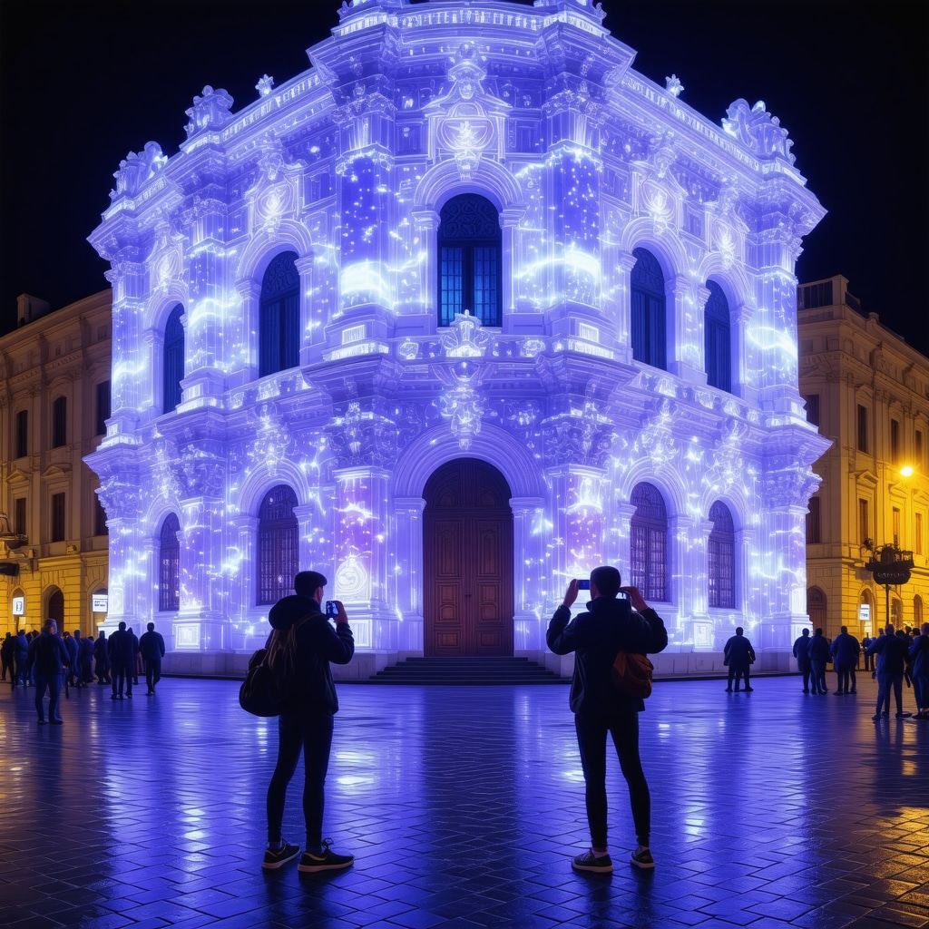 Nighttime digital street art projection on historic building in Bucharest with augmented reality interaction