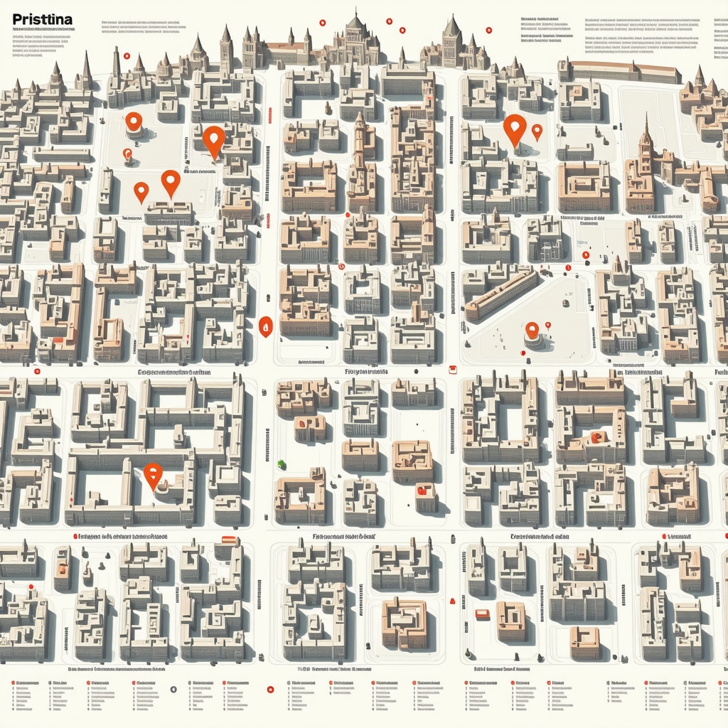 Futuristic digital map of Pristina with augmented reality overlays on historical sites