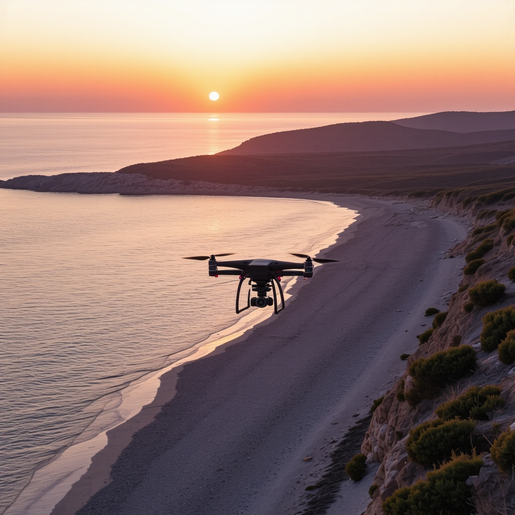 A drone capturing a sunset over a secluded Halkidiki beach, illustrating technology in conservation efforts.