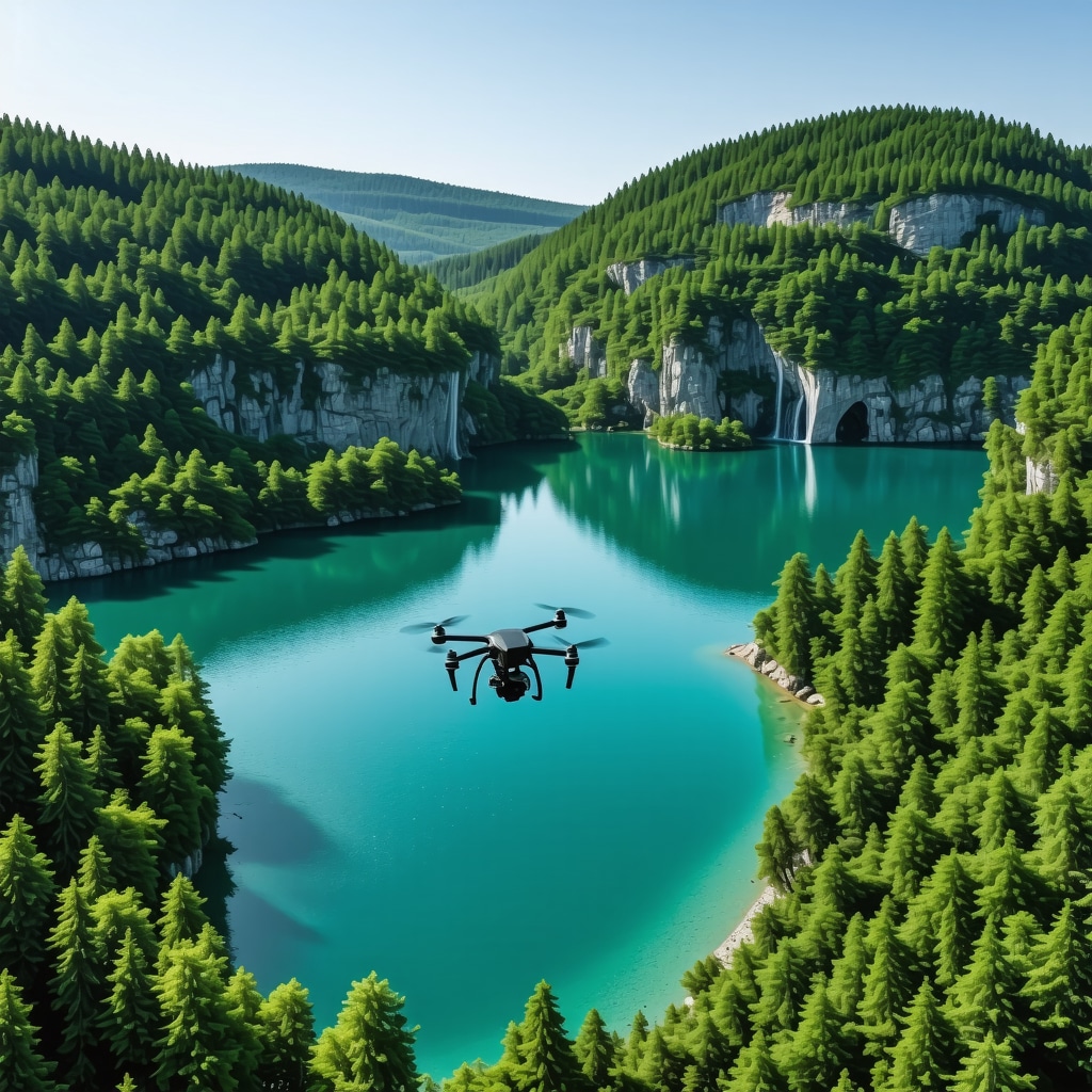 High-tech drone flying over turquoise karst lakes and waterfalls in Plitvice National Park capturing ecological data