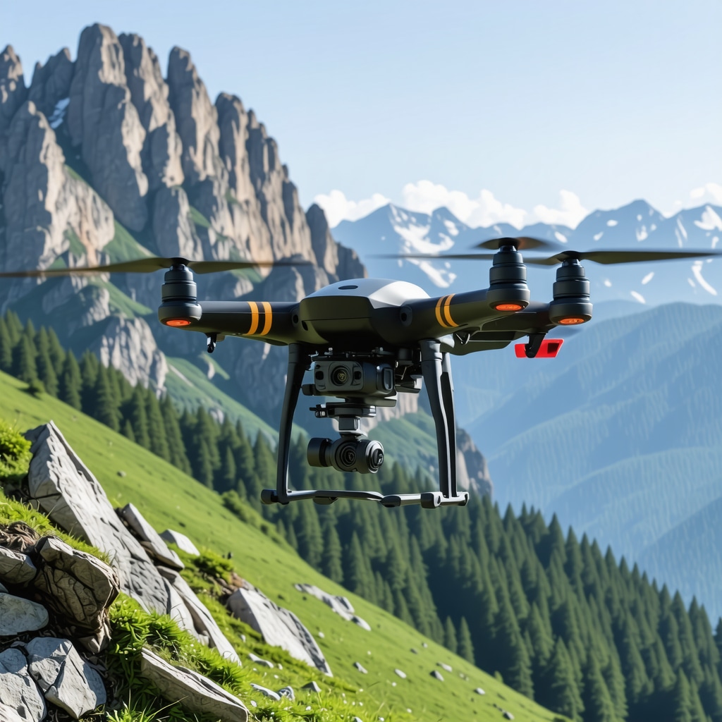 High-tech drone flying over rugged mountain trails in Brașov, equipped with multispectral sensors for ecological monitoring
