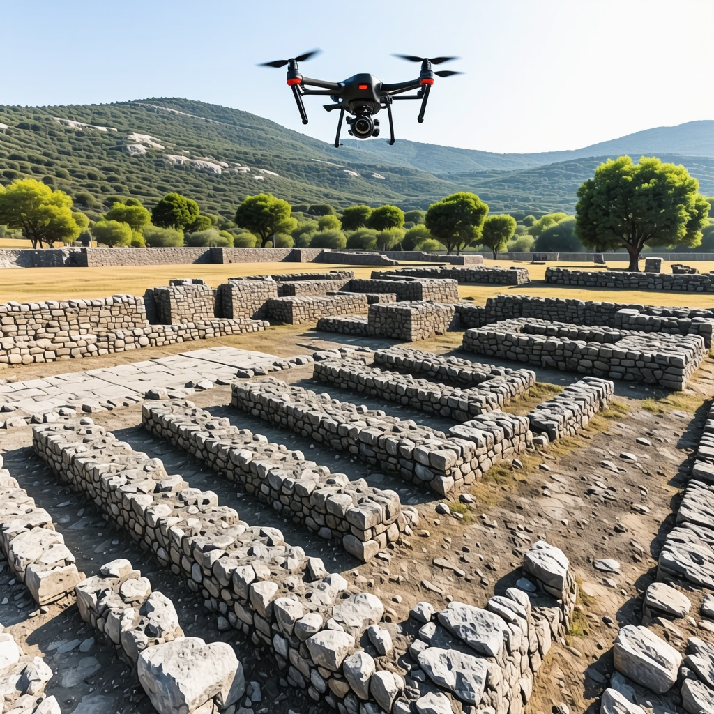 Drone equipped with 3D scanning sensors flying over Butrint archaeological site showing digital data overlay