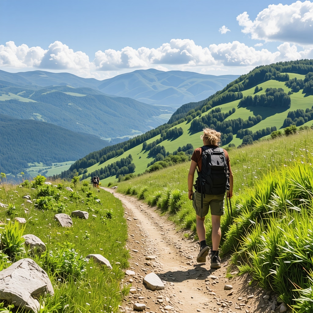 Panoramic view of the Mavrovo mountains with hikers and lush greenery, representing sustainable tourism in Macedonia Nord