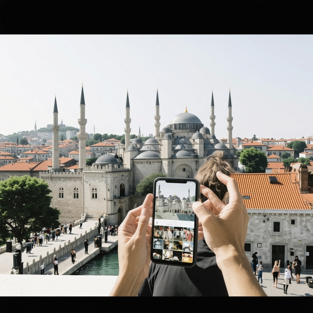 Turiști utilizând o aplicație AR pentru explorarea siturilor istorice din Istanbul
