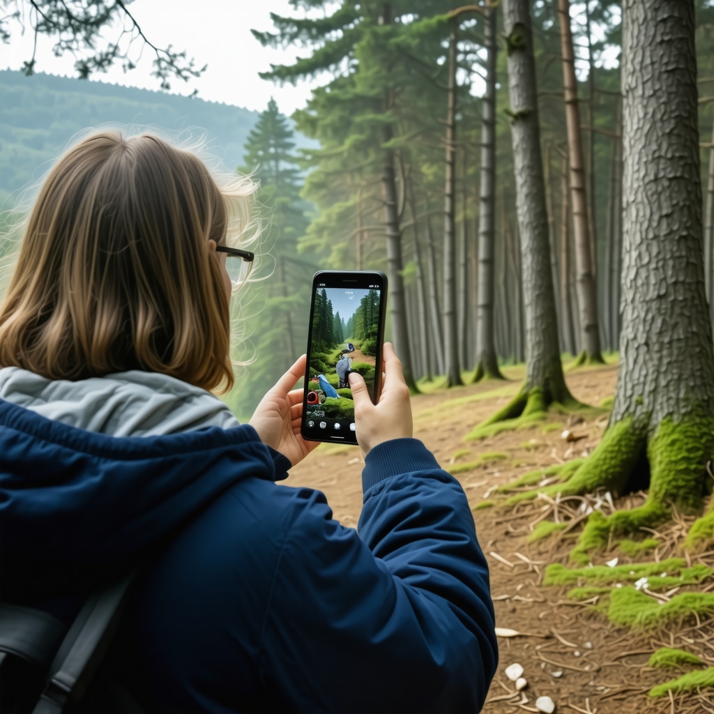 Turist utilizând o aplicație AR pentru a vizualiza o scenă dintr-o legendă în timpul unei drumeții în pădure