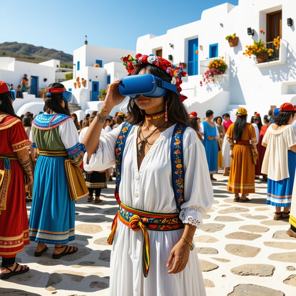 Turiști folosind tehnologie AR și VR pentru experiențe culturale în Santorini