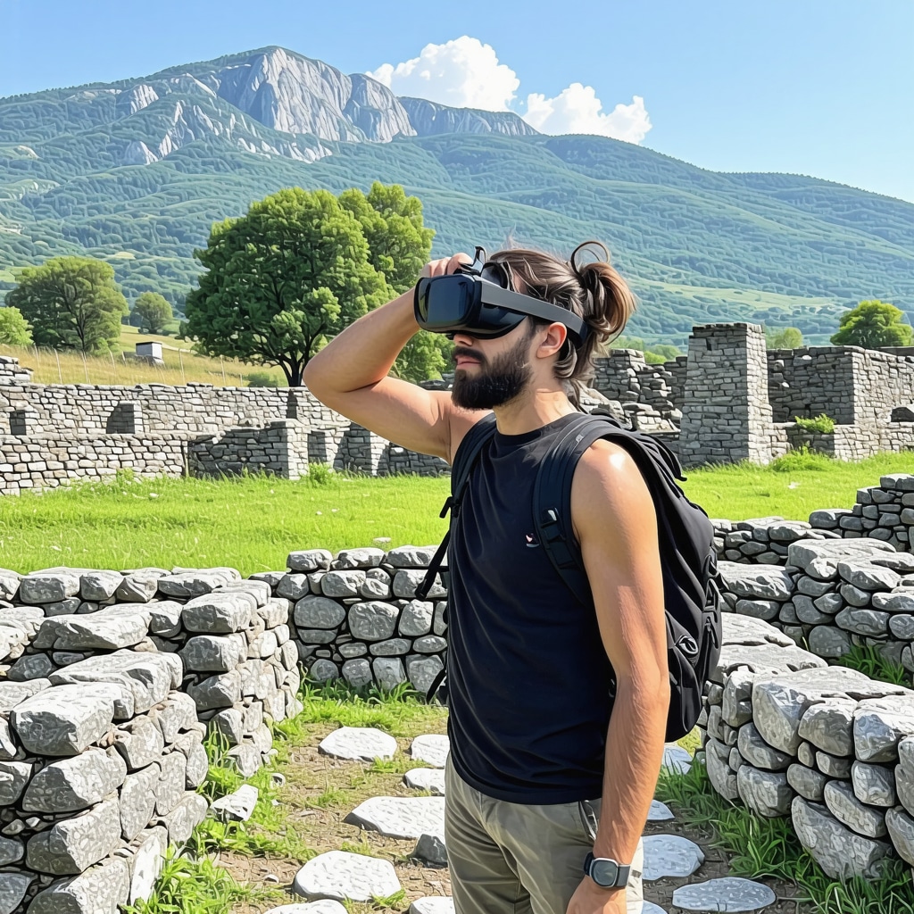 Turist cu ochelari AR explorând siturile arheologice din Knjazevac în peisaj montan, simbol al armoniei dintre tehnologie și natură