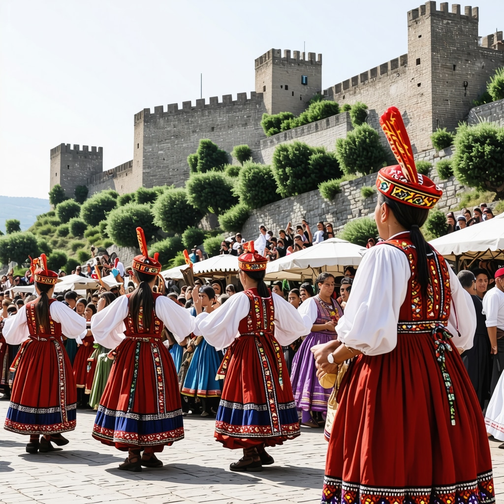 Dancers in traditional costumes performing at Kruja festival with historic fortress in the background