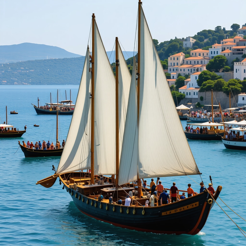 Colorful boats and lively crowd at a Balkan maritime festival with scenic coastline