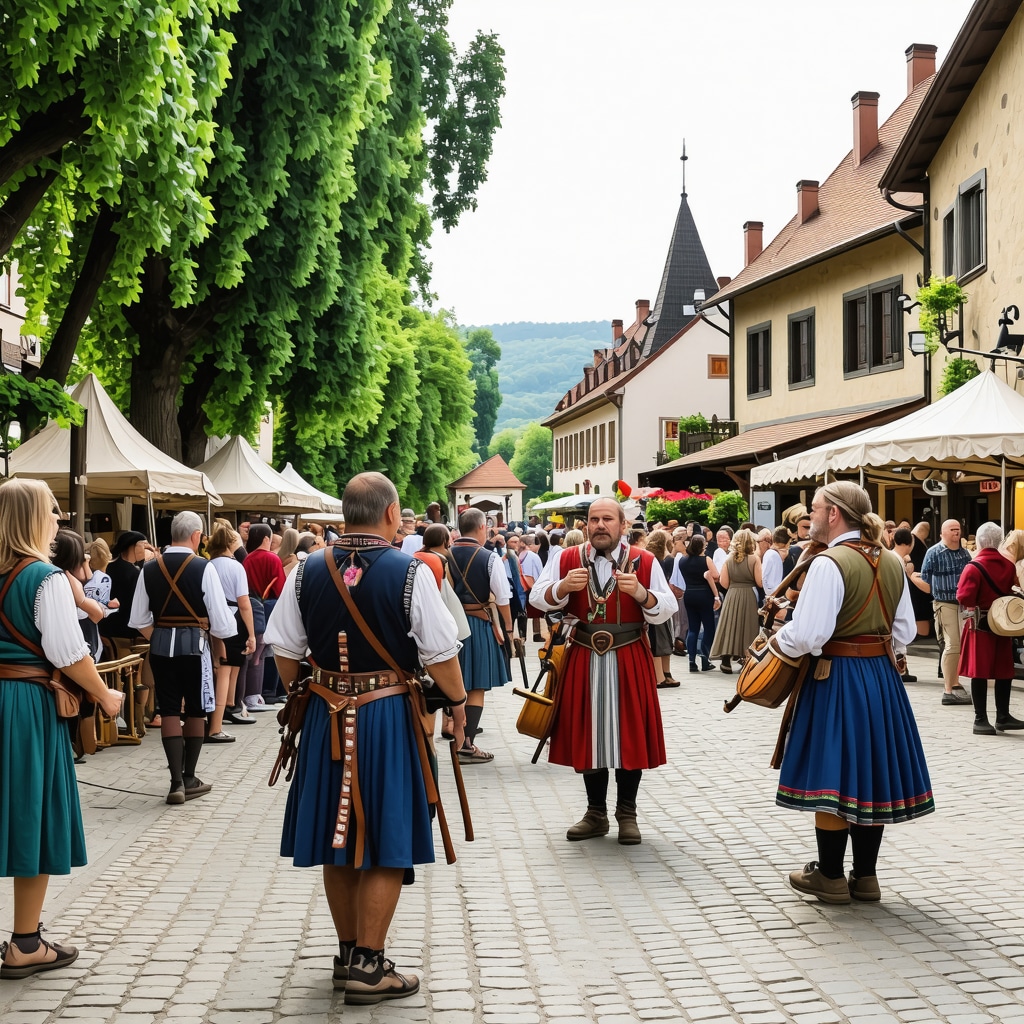 Sighișoara medieval festival with artisans, musicians, and visitors on cobblestone streets