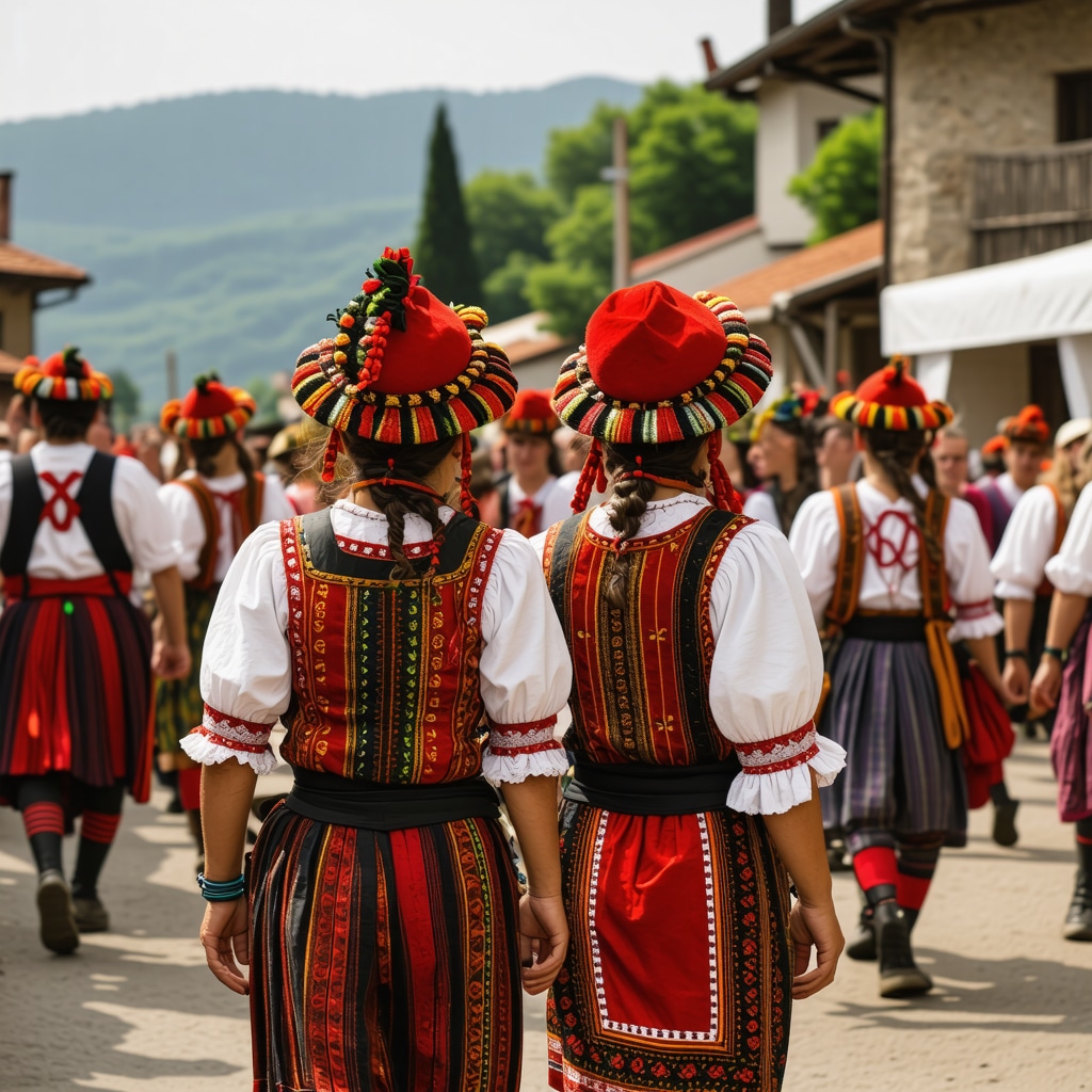 Scene autentică de festival balcanic cu costume tradiționale, atmosferă vibrantă și peisaje rurale
