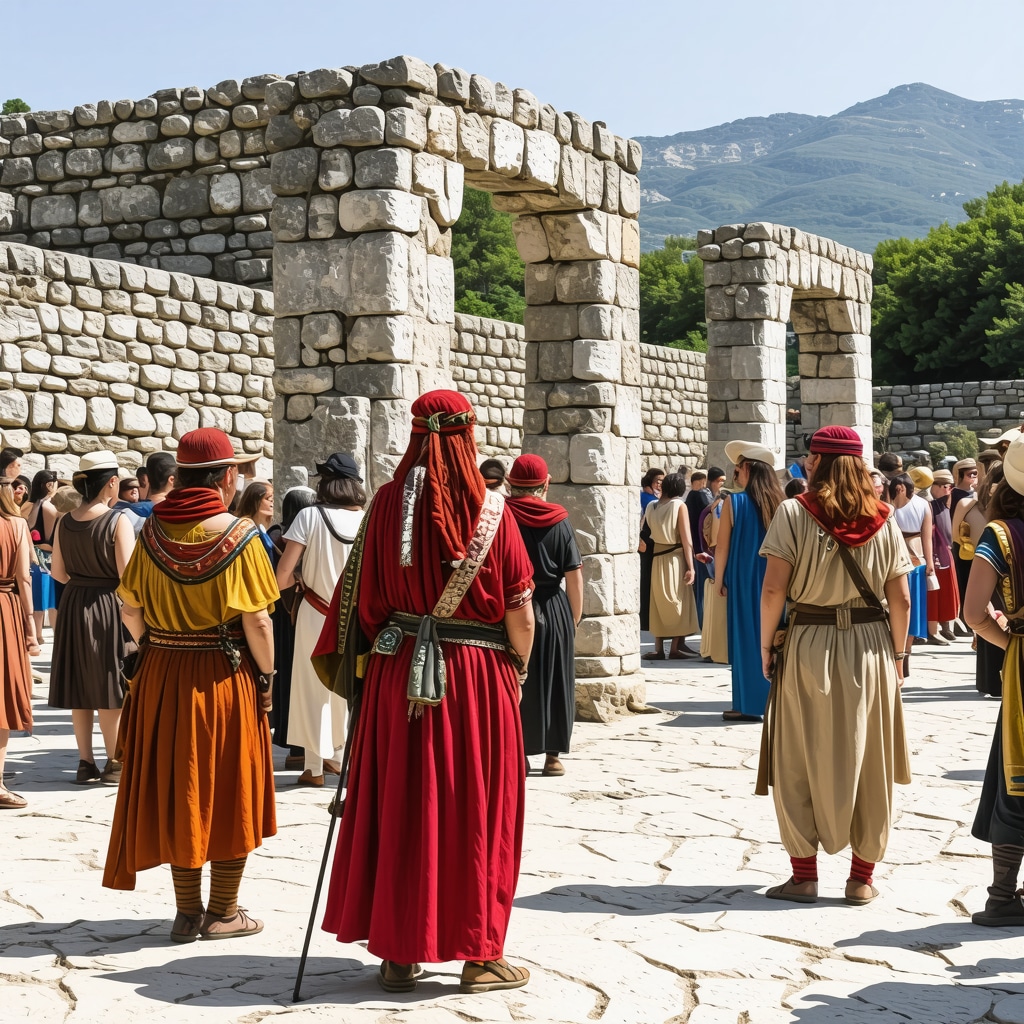 Festival at Butrint archaeological site with monuments and visitors in traditional costumes