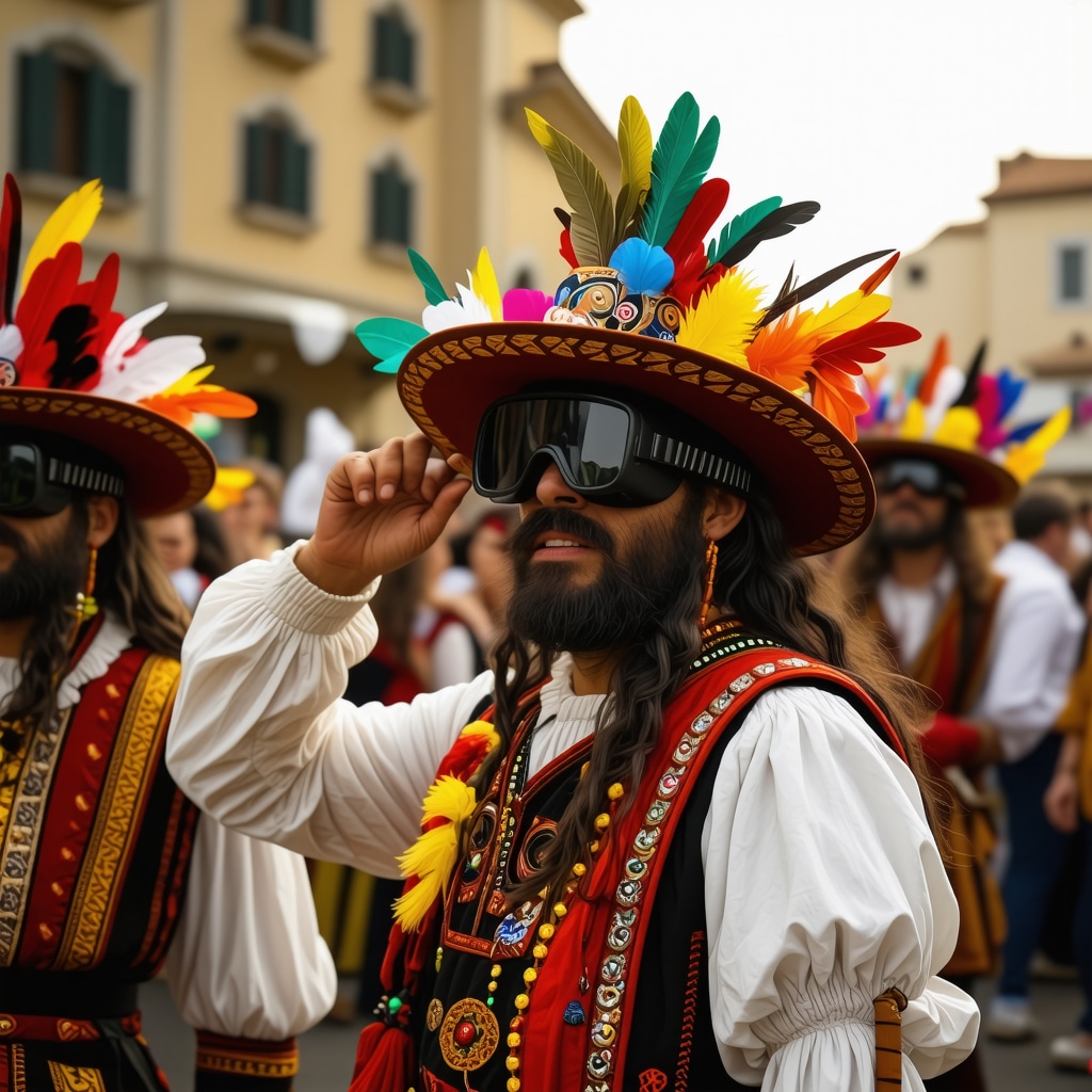 Participants interacting with AR technology at Balkan festival, vibrant costumes and cultural setting