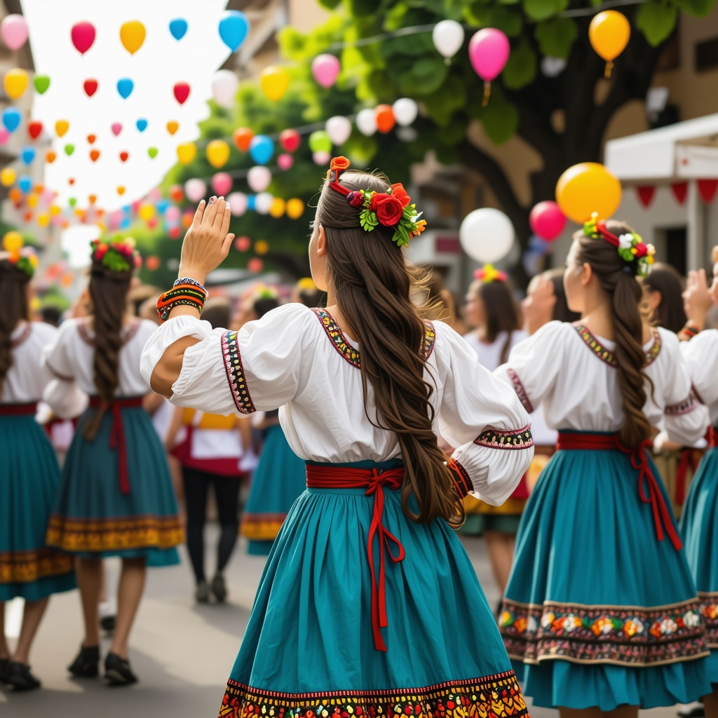 Scenă plină de viață a unui festival tradițional balcanic cu costume, dans și decorațiuni colorate