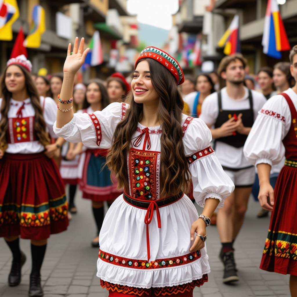 People in traditional Balkan costumes dancing and celebrating at a colorful festival