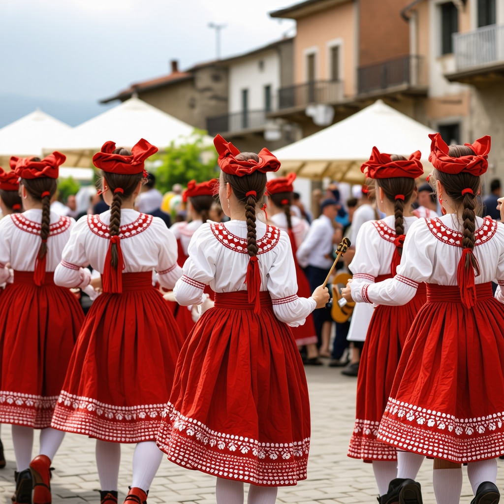 Scene dintr-un festival tradițional balcanic cu costume, dans și muzică autentică