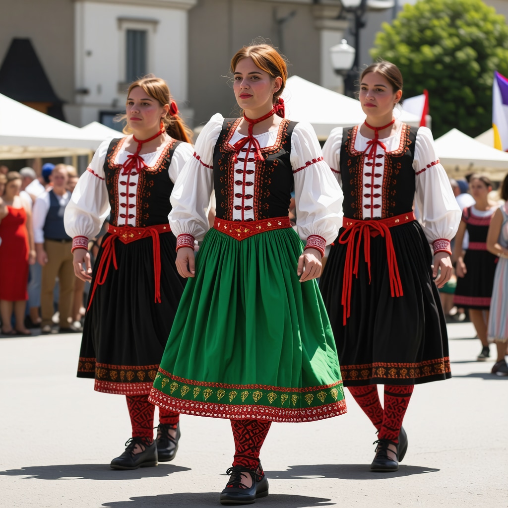 Festival cultural balcanic cu costume tradiționale și dansuri, atmosferă vibrantă, în aer liber
