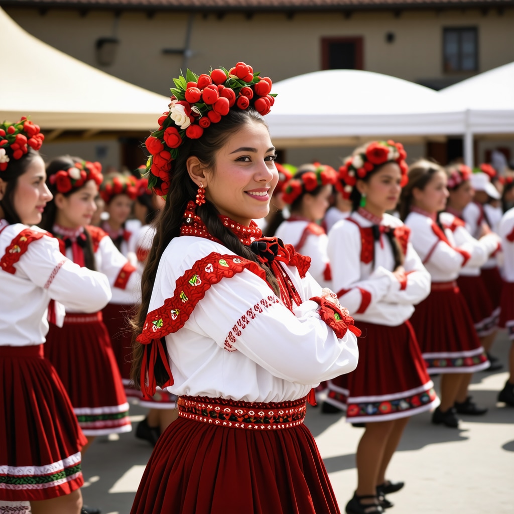 People in traditional costumes dancing at a cultural festival in Gjakova