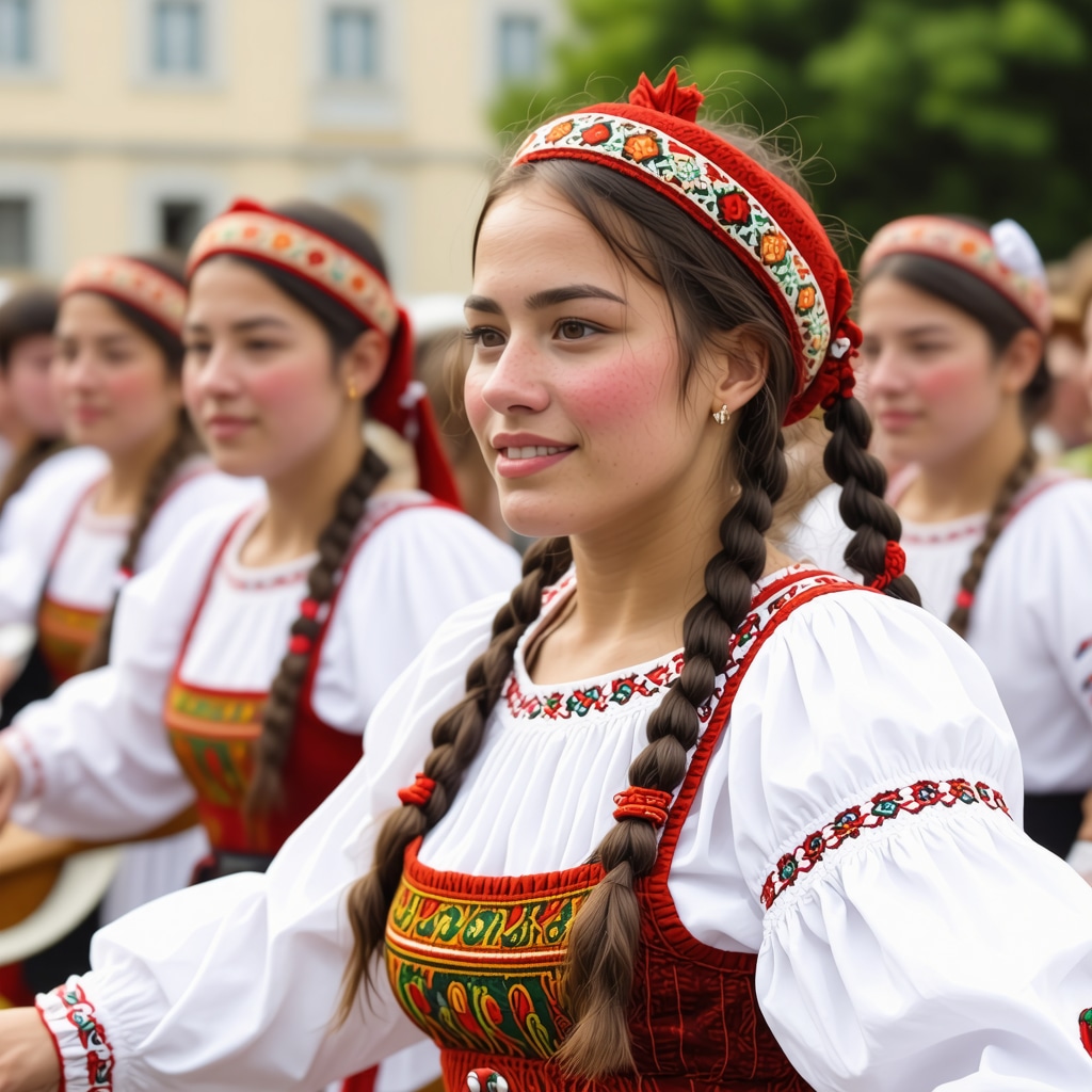 Festival cultural tradițional în Balcani cu muzică și dansuri tradiționale, culori vibrante