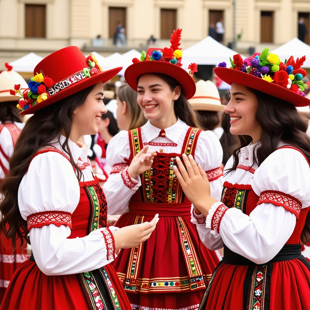 People enjoying a cultural festival in Iași with traditional costumes and augmented reality elements