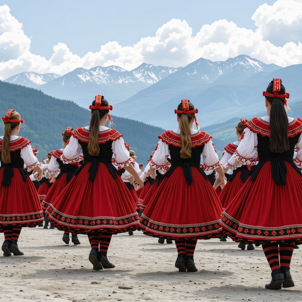 Dansatori tradiționali balcanici într-un festival montan, peisaje de munte spectaculoase, în 2025