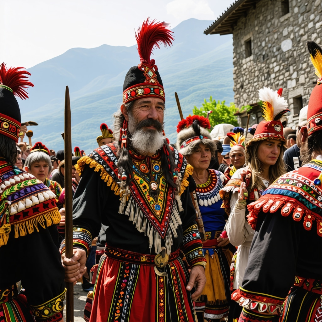 O scenă vibrantă de festival montan în Tivat, cu costume tradiționale și peisaj montan