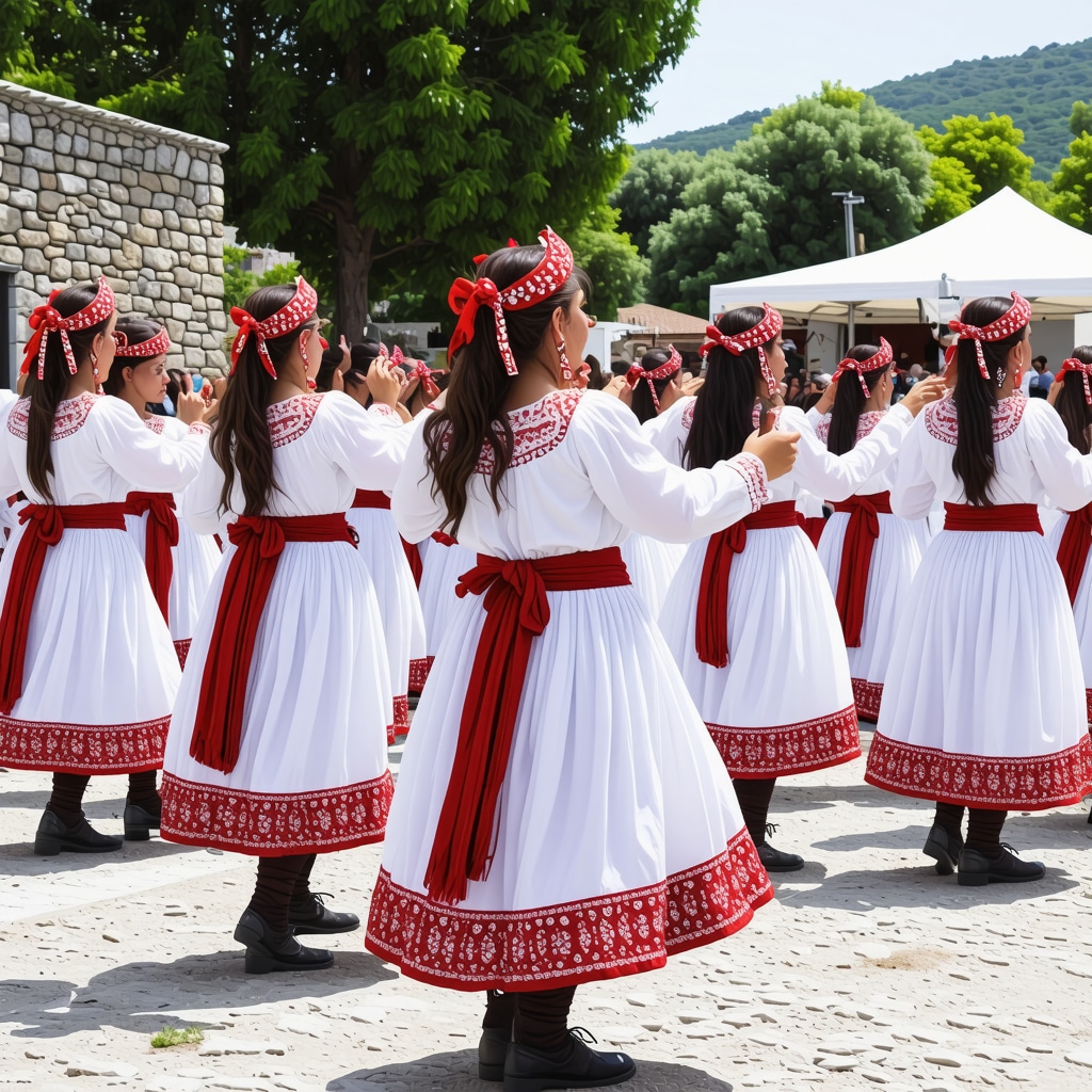 Festival tradițional în Albania cu dansuri și costume locale, scenă vibrantă