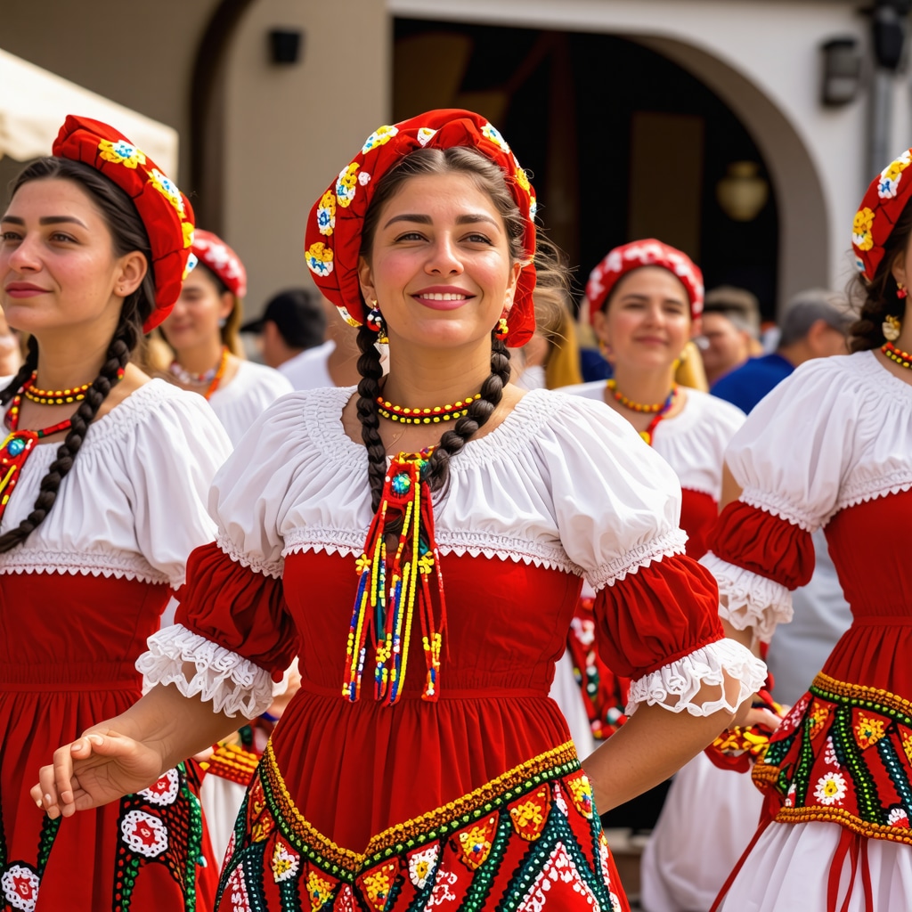 Festival tradițional balcanic cu costume și dansuri, culori vibrante, sărbătoare culturală