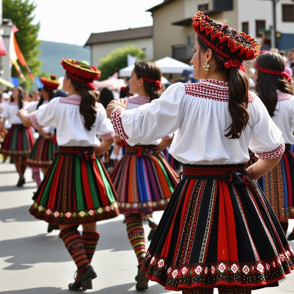 Festival tradițional balcanic cu dansatori și costume colorate