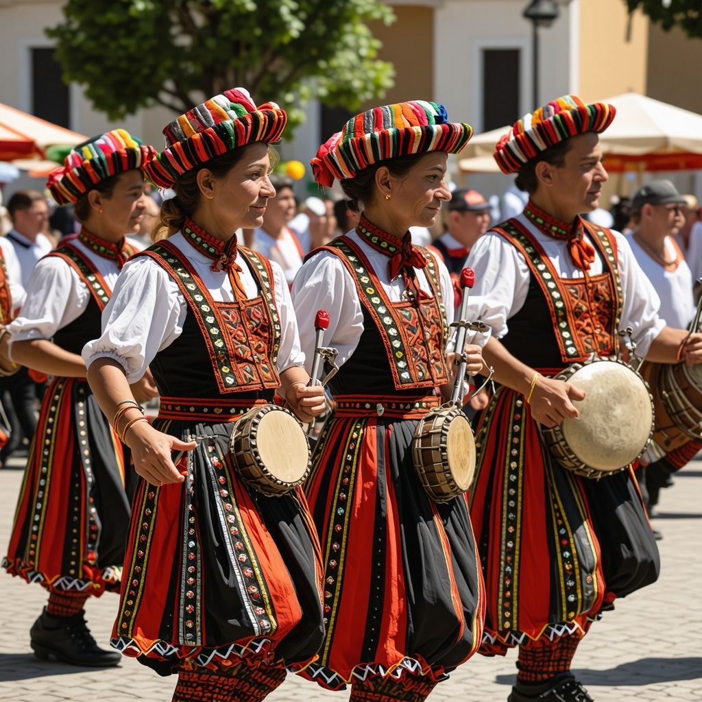Festival tradițional balcanic cu dansatori și muzicieni în costume tradiționale, ambient de festival vibrant