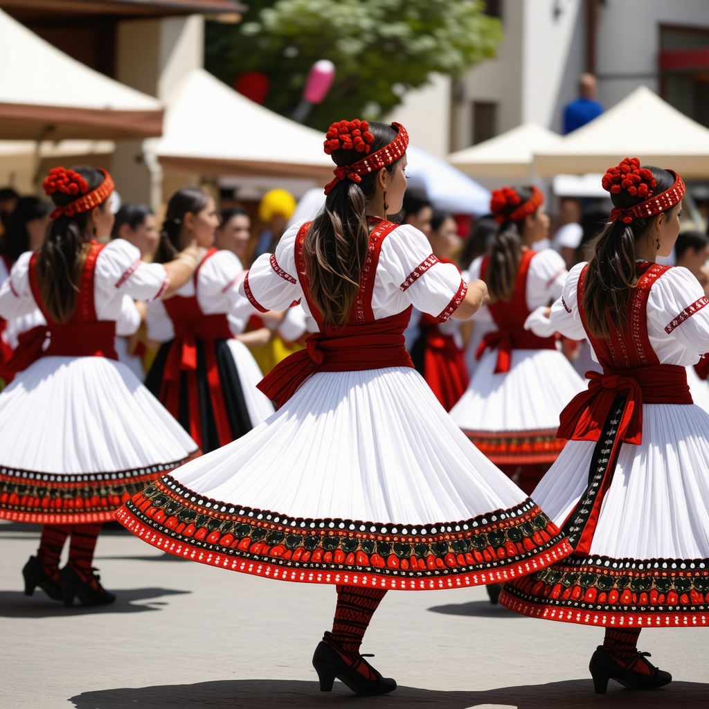 Festival tradițional în Balcani cu dansuri și costume tradiționale, plin de energie și culoare.