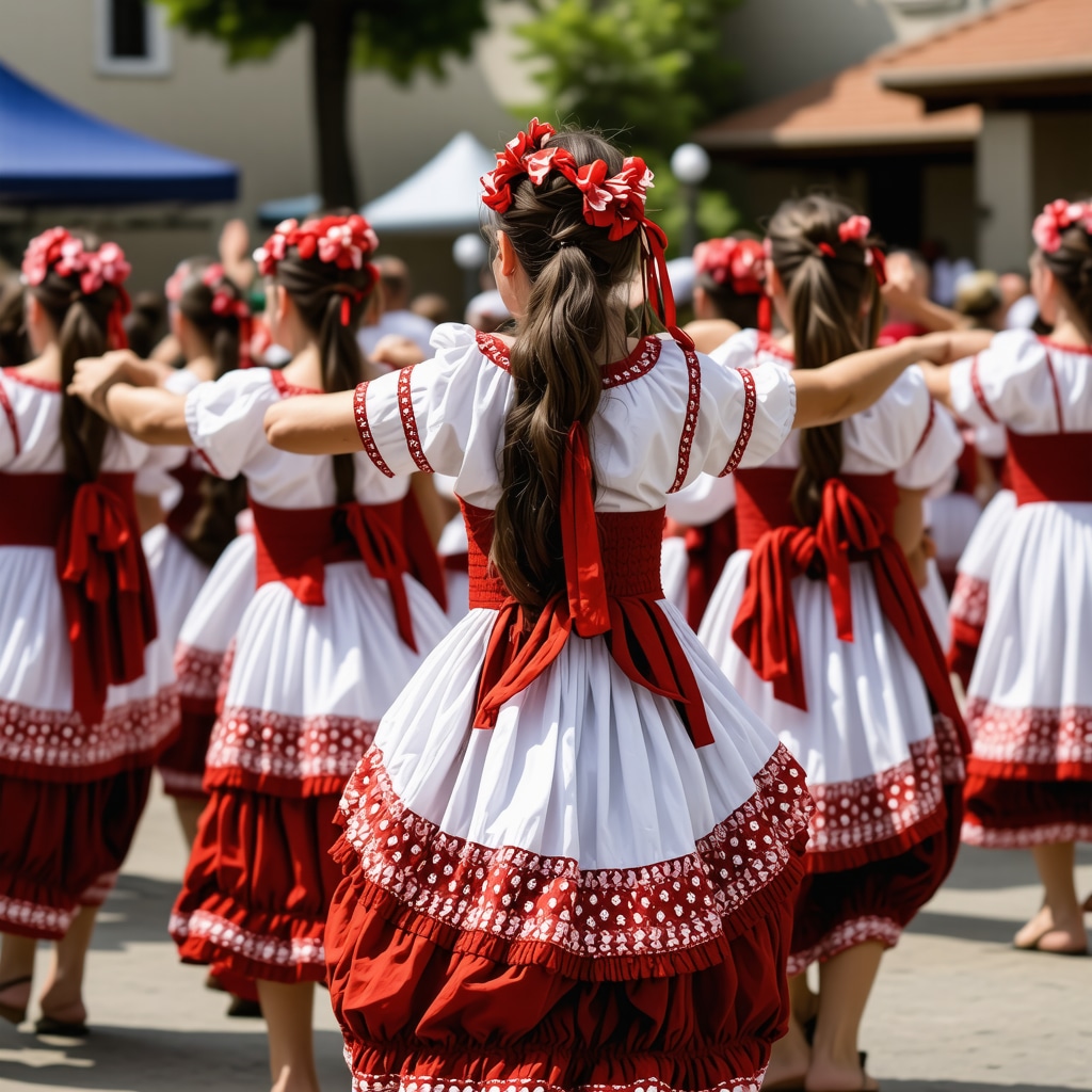 Scene autentică de festival balcanic cu dansuri tradiționale și costume colorate