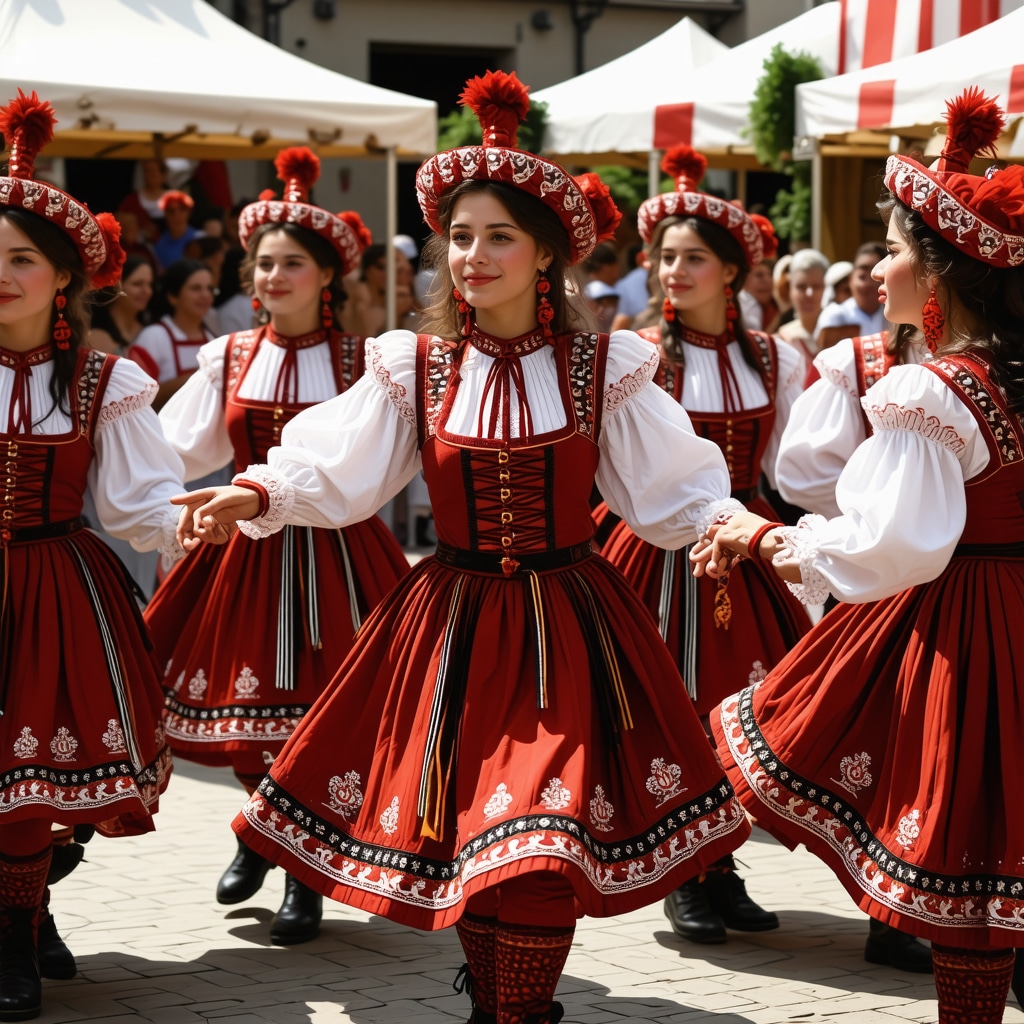Festival tradițional balcanic cu costume colorate și dansuri, scena culturală vibrantă în 2025