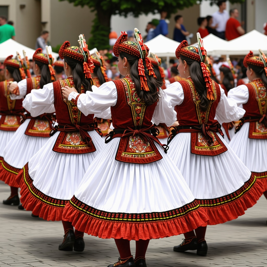 Dans tradițional balcanic în costum colorat, cu muzică și decor festiv