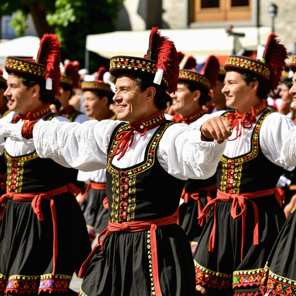 Scenă de festival tradițional balcanic cu costume și dans vibrant