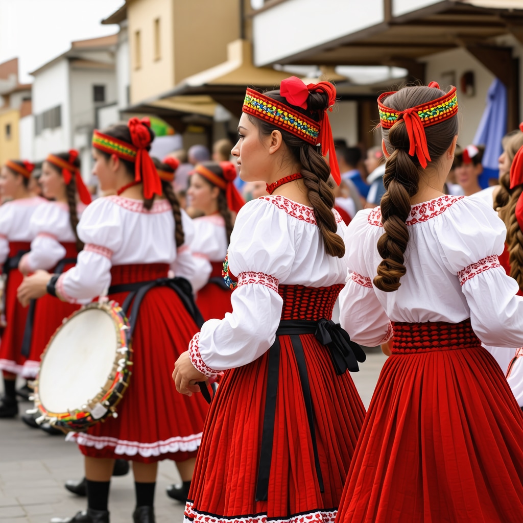 Dansatori în costume tradiționale balcanice la un festival în 2025
