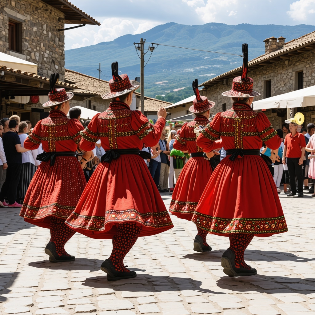 Festival tradițional în insula Brașov cu costume populare, dansuri și muzică pe fundalul unei peisaje pitorești