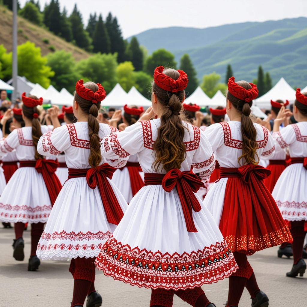 Festival tradițional balcanic cu costume, dansuri și muzică în peisaj natural