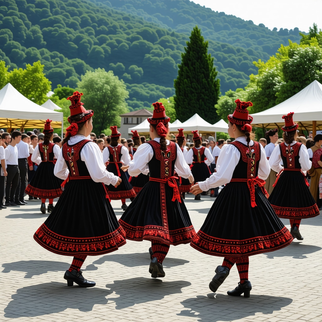 Dansatori în costume tradiționale balcanice la festival în natură